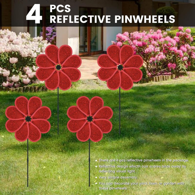 DECEED 4PCS 11.4" W x 28" H Reflective Pinwheels Sparkly Lawn Wind Spinners Colorful Rainbow Windmill for Garden Decoration Bird Devices Deterrent to Scare Birds Away (Red) - Image 2